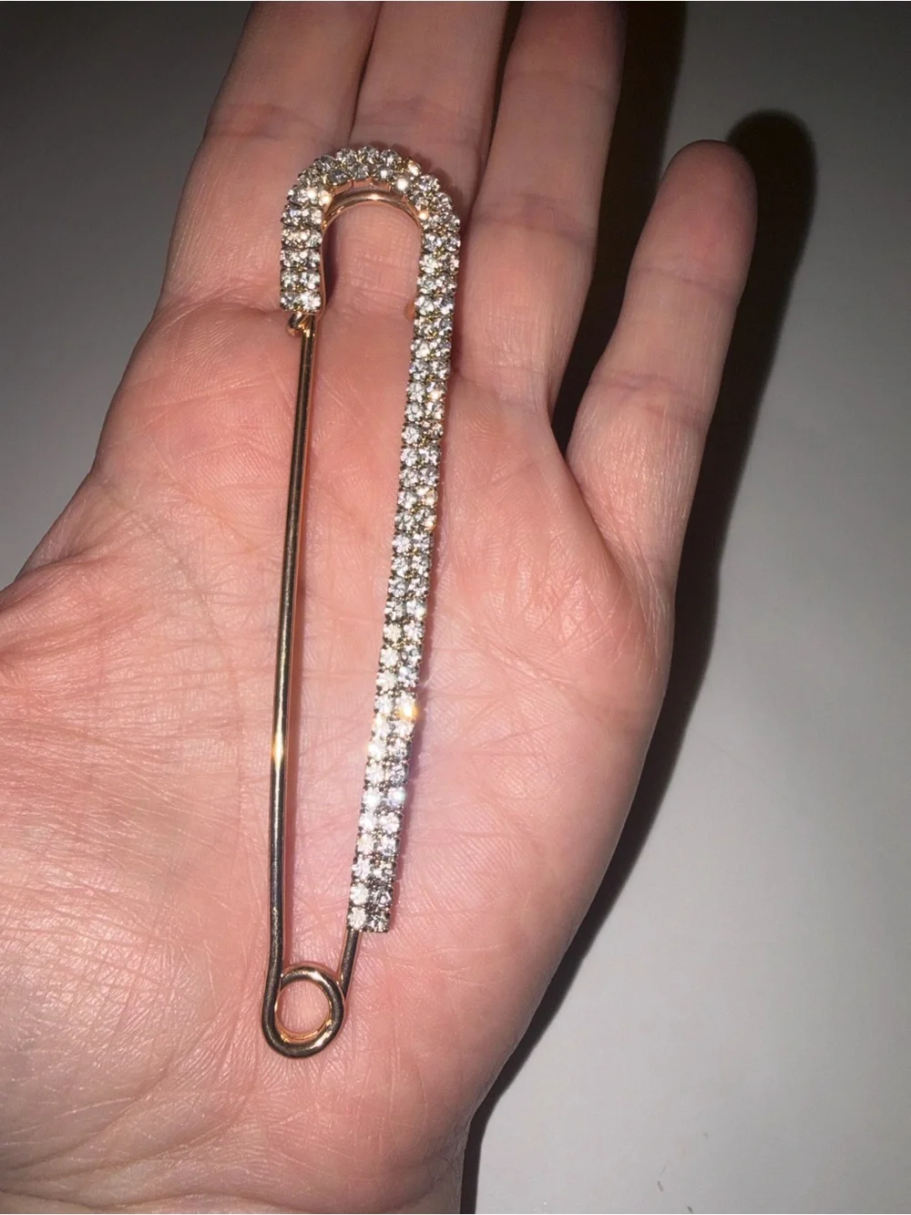 Y2K Oversized Rhinestone Safety Pin Brooch Gold Tone Crystal Statement Pin 4”